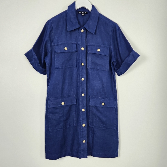 J. Crew 100% Linen Navy Blue Button-Up Short Sleeve Pocket Dress Size 8 NWOT - Picture 5 of 13
